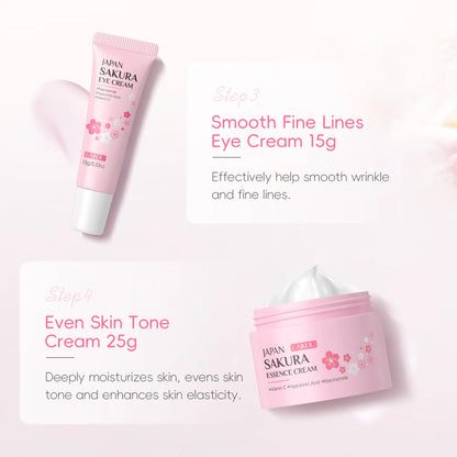 Japan Sakura Skincare Set 4pcs Hydrating Tightening Cleanser Serum Essence Cream Eye Treatment Soften Clean Skin Beauty
