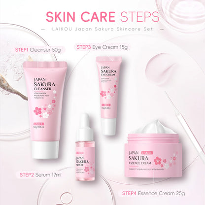 Japan Sakura Skincare Set 4pcs Hydrating Tightening Cleanser Serum Essence Cream Eye Treatment Soften Clean Skin Beauty