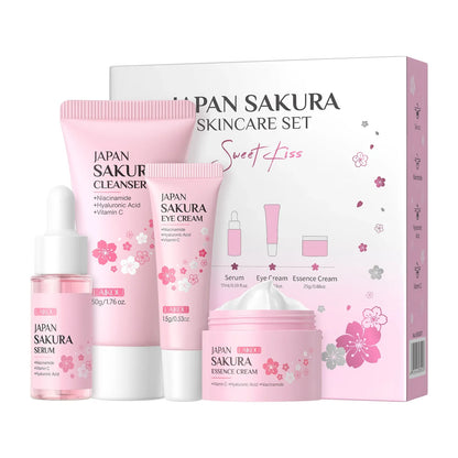 Japan Sakura Skincare Set 4pcs Hydrating Tightening Cleanser Serum Essence Cream Eye Treatment Soften Clean Skin Beauty