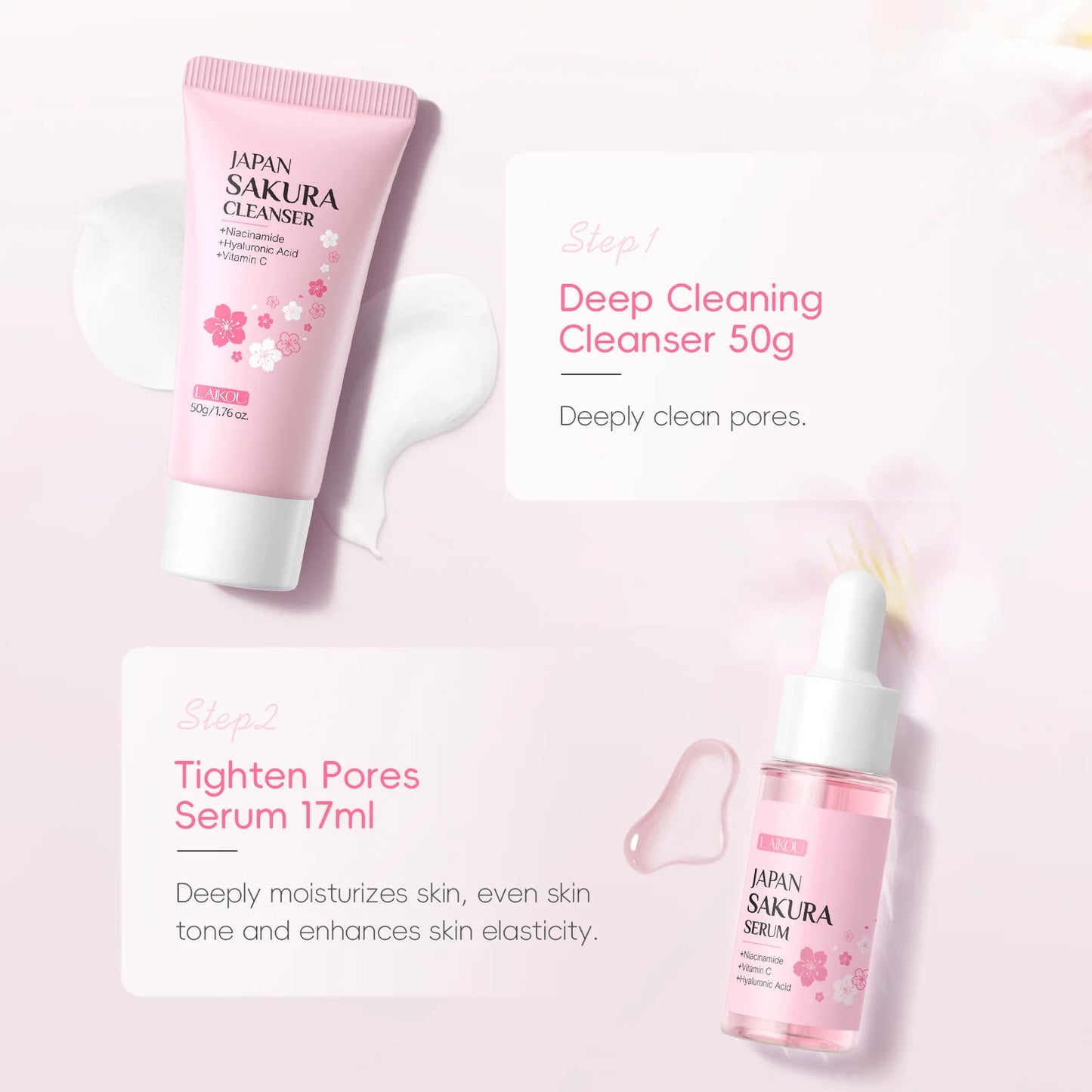 Japan Sakura Skincare Set 4pcs Hydrating Tightening Cleanser Serum Essence Cream Eye Treatment Soften Clean Skin Beauty