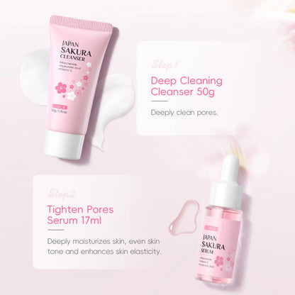 Japan Sakura Skincare Set 4pcs Hydrating Tightening Cleanser Serum Essence Cream Eye Treatment Soften Clean Skin Beauty