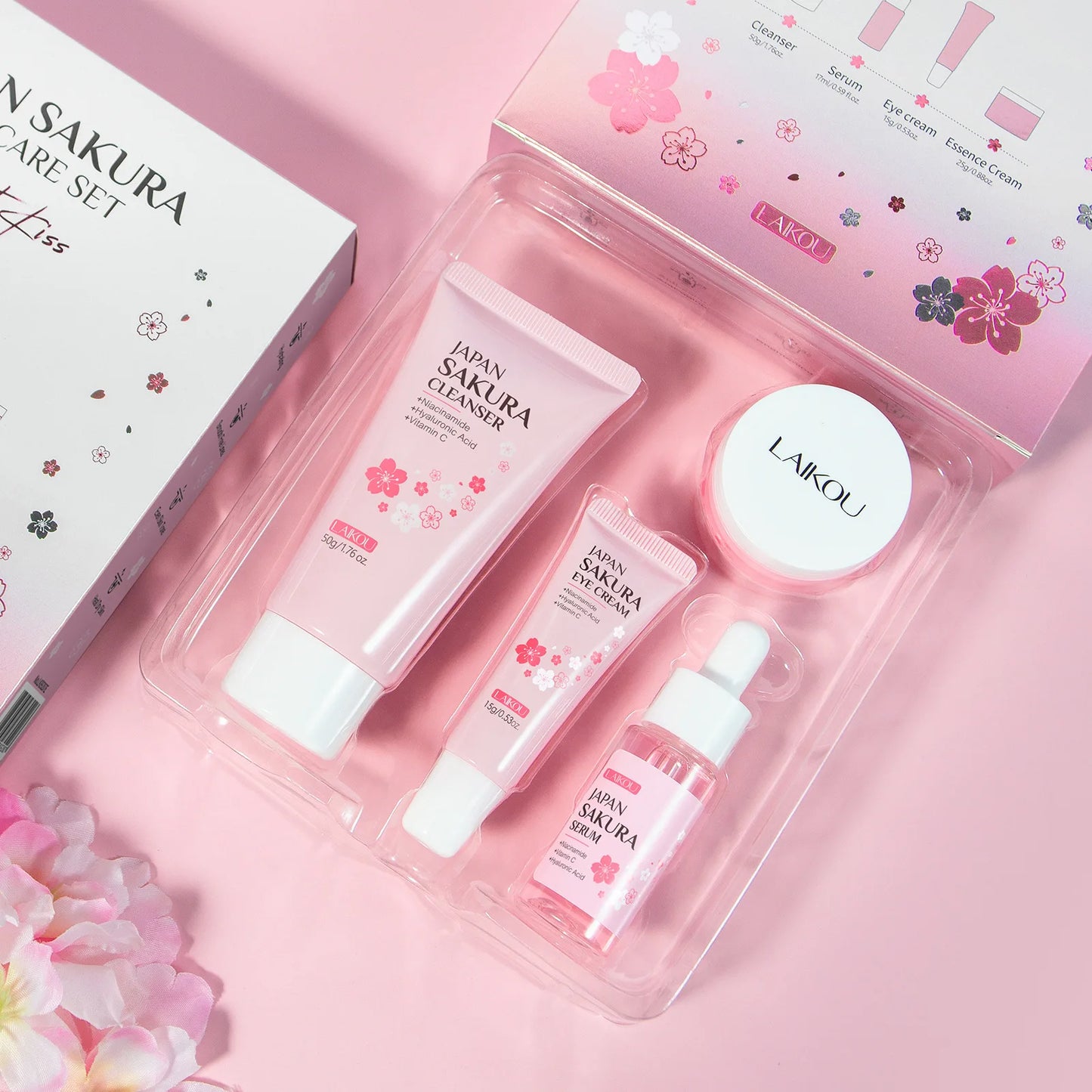 Japan Sakura Skincare Set 4pcs Hydrating Tightening Cleanser Serum Essence Cream Eye Treatment Soften Clean Skin Beauty