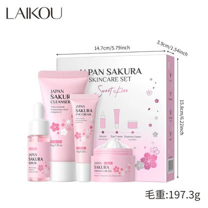 Japan Sakura Skincare Set 4pcs Hydrating Tightening Cleanser Serum Essence Cream Eye Treatment Soften Clean Skin Beauty