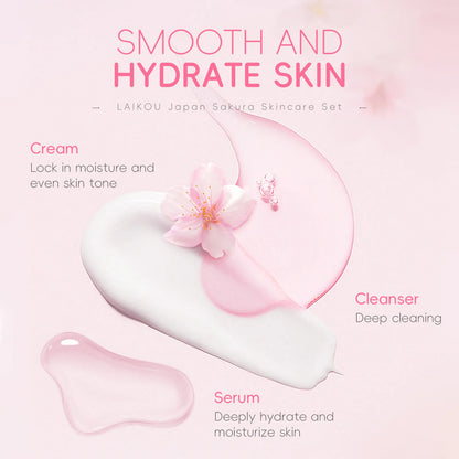 Japan Sakura Skincare Set 4pcs Hydrating Tightening Cleanser Serum Essence Cream Eye Treatment Soften Clean Skin Beauty