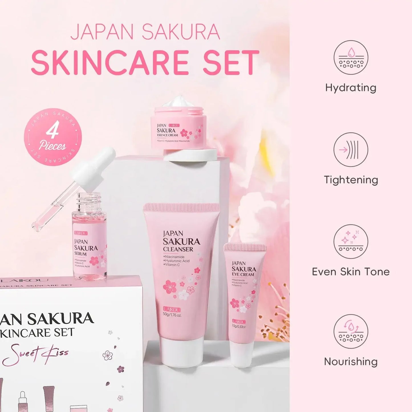 Japan Sakura Skincare Set 4pcs Hydrating Tightening Cleanser Serum Essence Cream Eye Treatment Soften Clean Skin Beauty