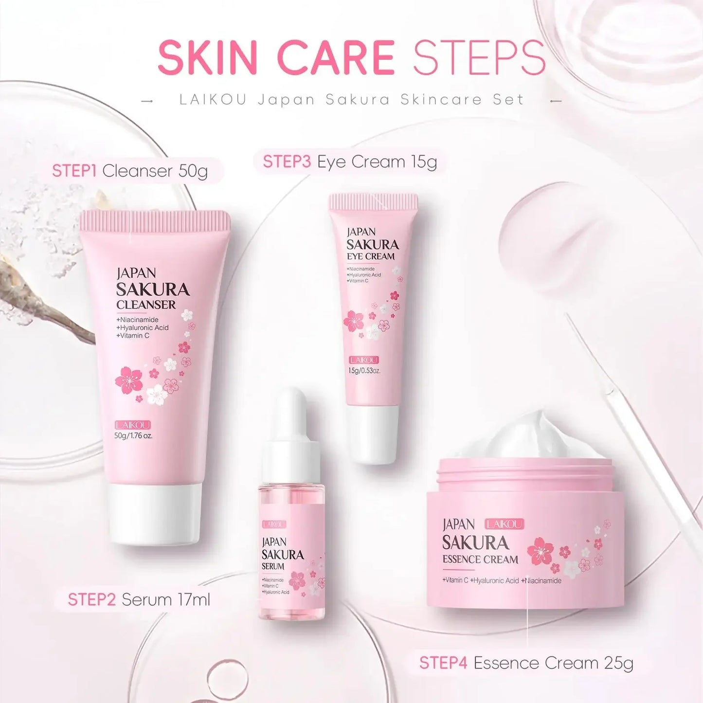 Japan Sakura Skincare Set 4pcs Hydrating Tightening Cleanser Serum Essence Cream Eye Treatment Soften Clean Skin Beauty