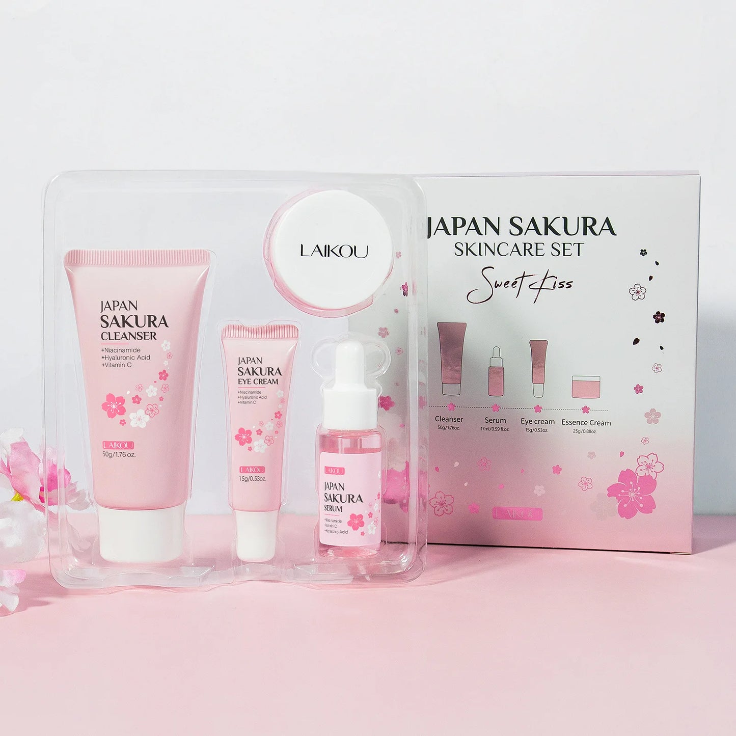 Japan Sakura Skincare Set 4pcs Hydrating Tightening Cleanser Serum Essence Cream Eye Treatment Soften Clean Skin Beauty