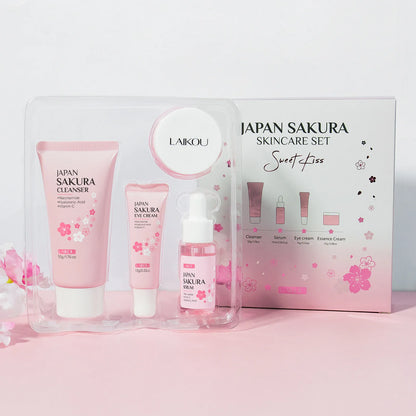 Japan Sakura Skincare Set 4pcs Hydrating Tightening Cleanser Serum Essence Cream Eye Treatment Soften Clean Skin Beauty